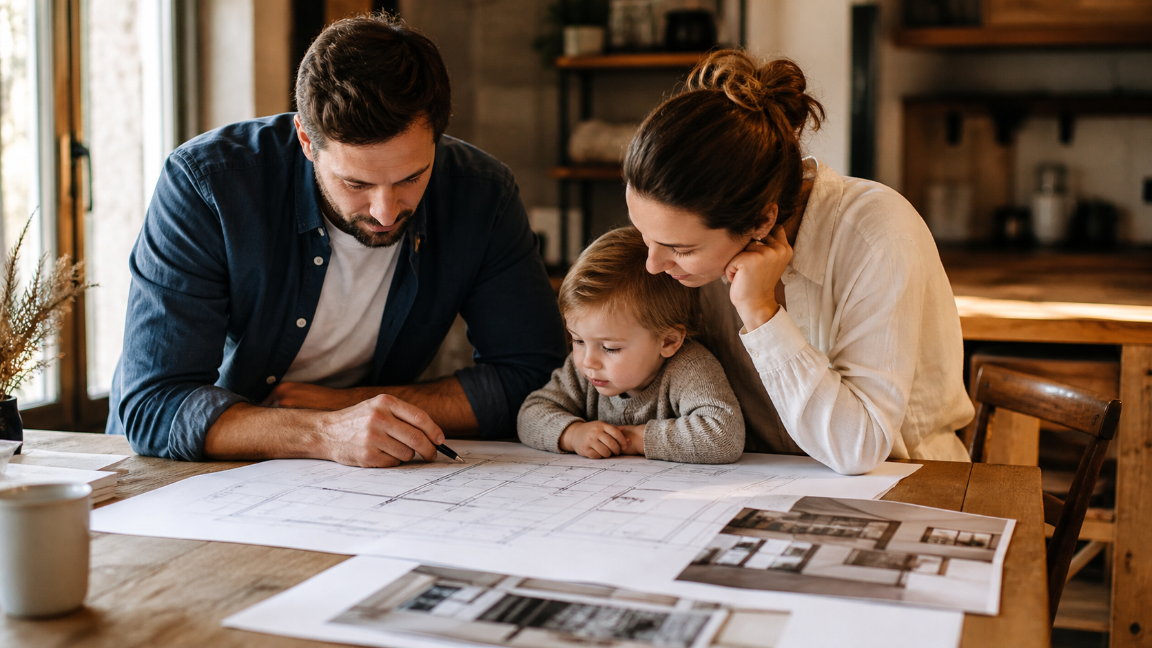 Familia revisando planos de una vivienda pensada para adaptarse a futuras necesidades.