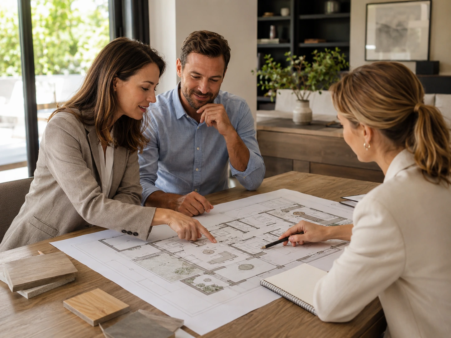 Clientes y profesional revisando la distribución de espacios de una vivienda antes de construir