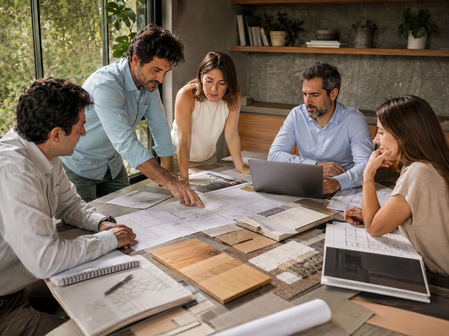 Clientes y equipo profesional planificando de forma integral un proyecto de vivienda en Valdivia