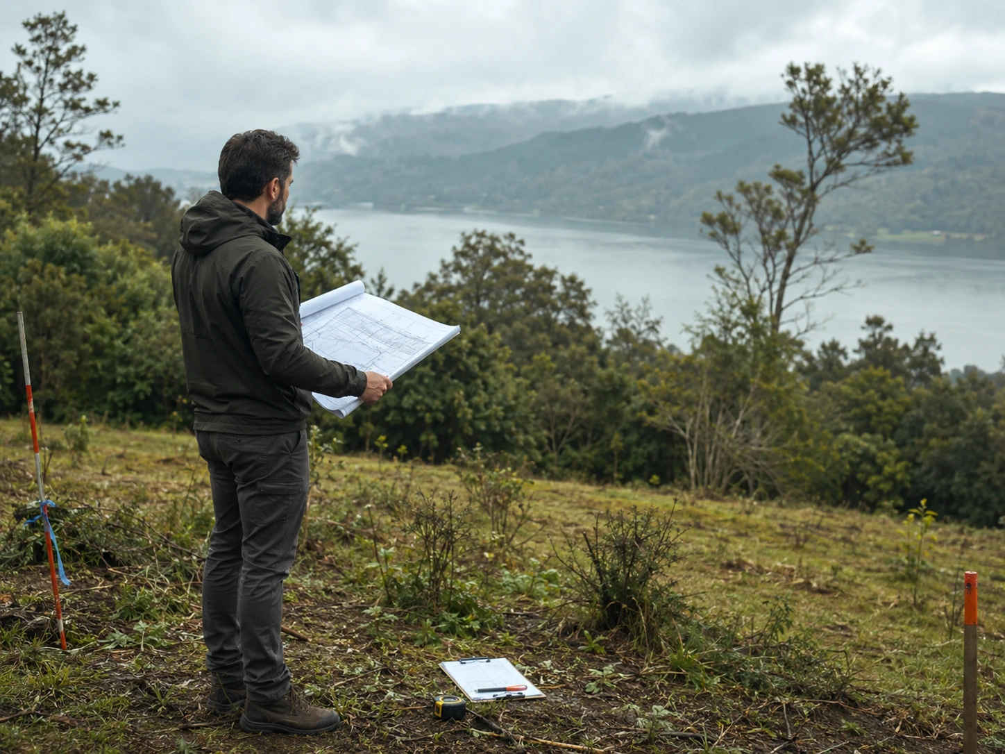 Texto ALT Profesional revisando las condiciones de un terreno antes de comenzar un proyecto de vivienda en Valdivia