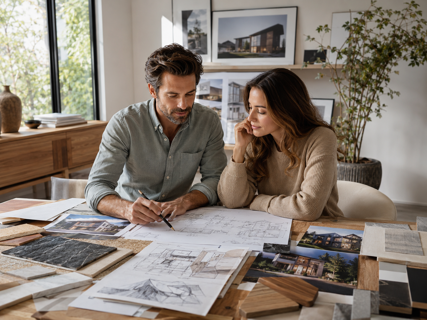Pareja revisando planos y referencias para definir el tipo de casa que quiere construir en Valdivia