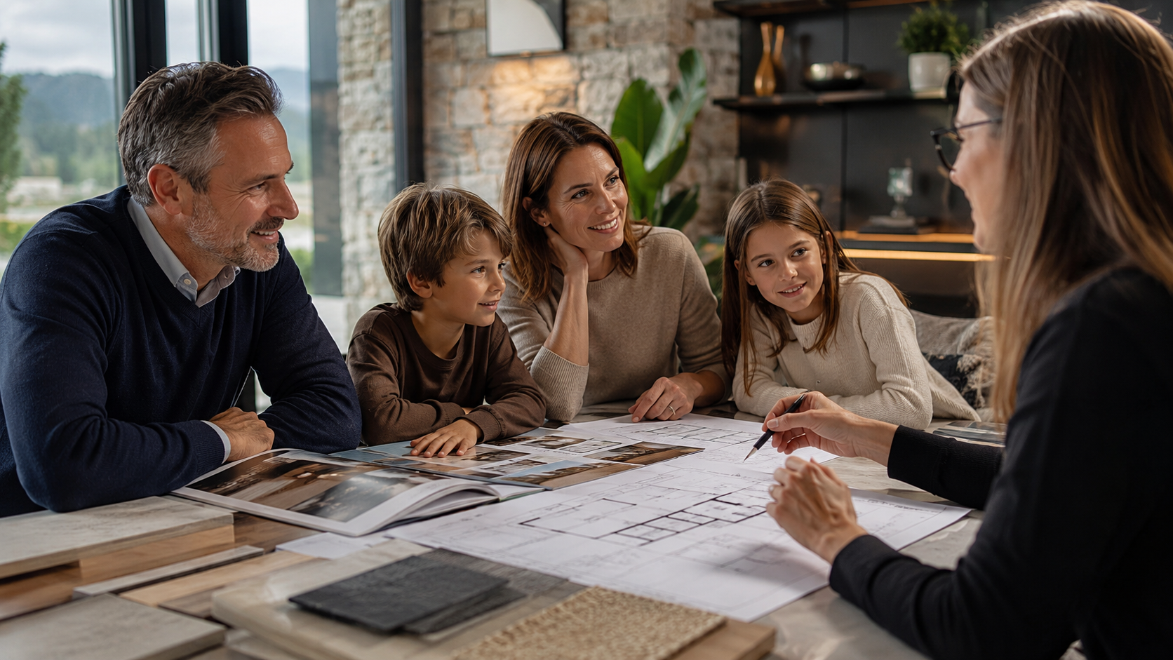 Familia revisando el diseño de una casa personalizada según sus necesidades diarias