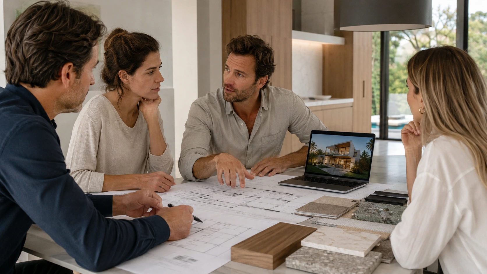 Clientes y profesionales revisando el resultado proyectado de una casa personalizada